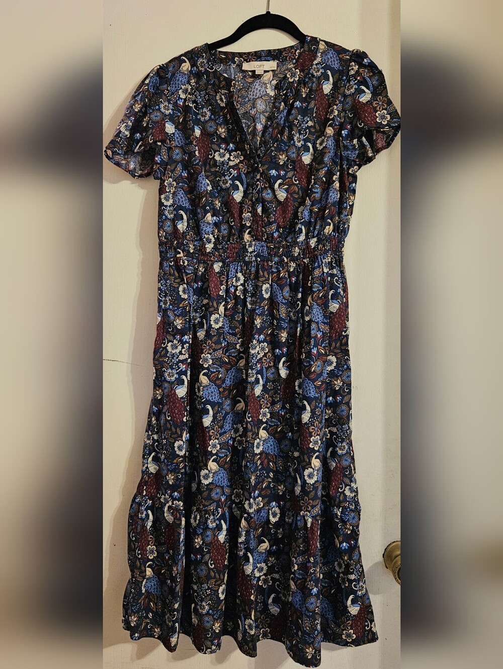 LOFT Peacock Smocked Waist Button Midi Dress Navy Floral Boho LP